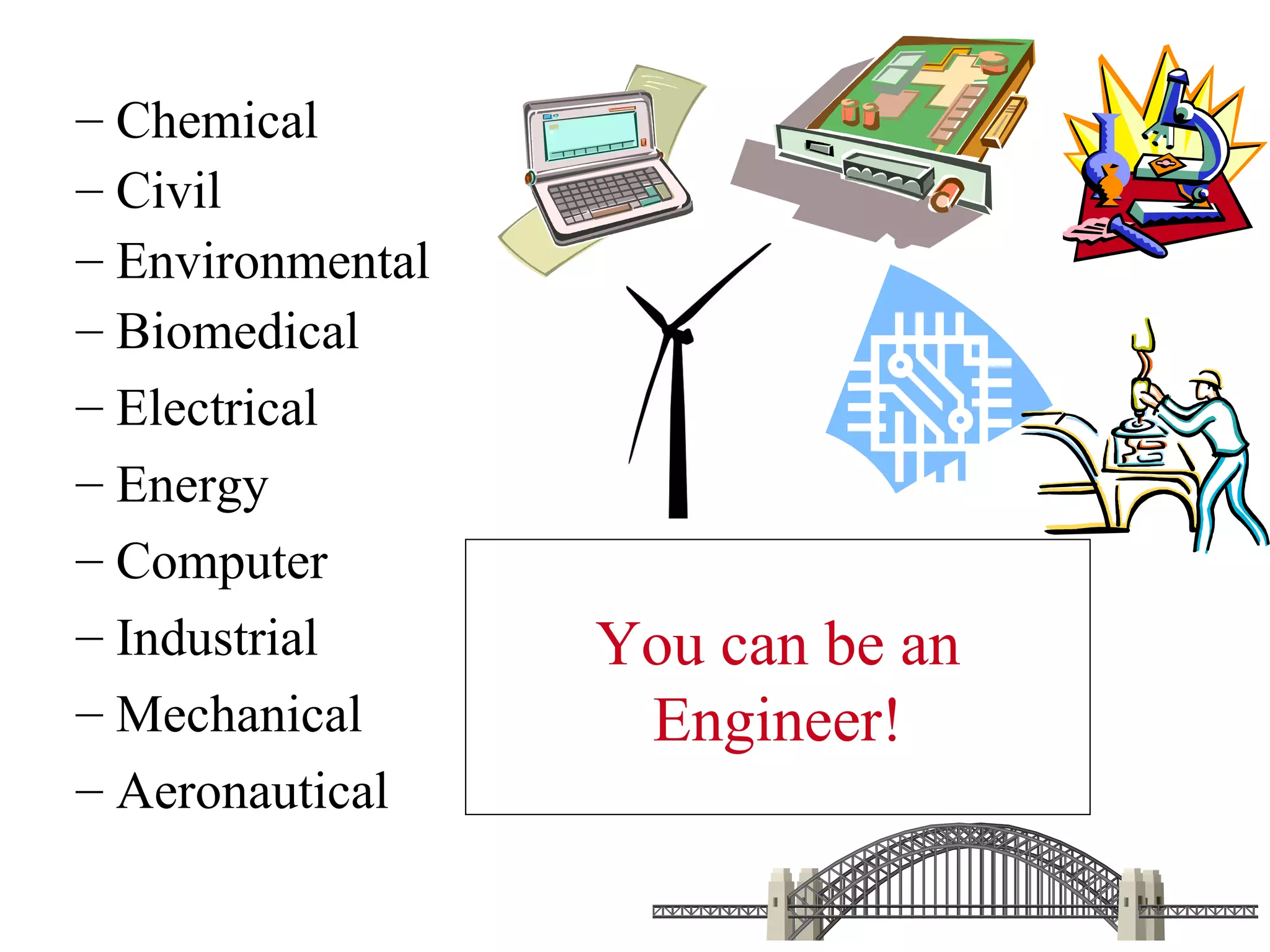 Chemical Civil Environmental Biomedical Electrical Energy Computer Industrial Mechanical Aeronautical You can be an Engineer! 