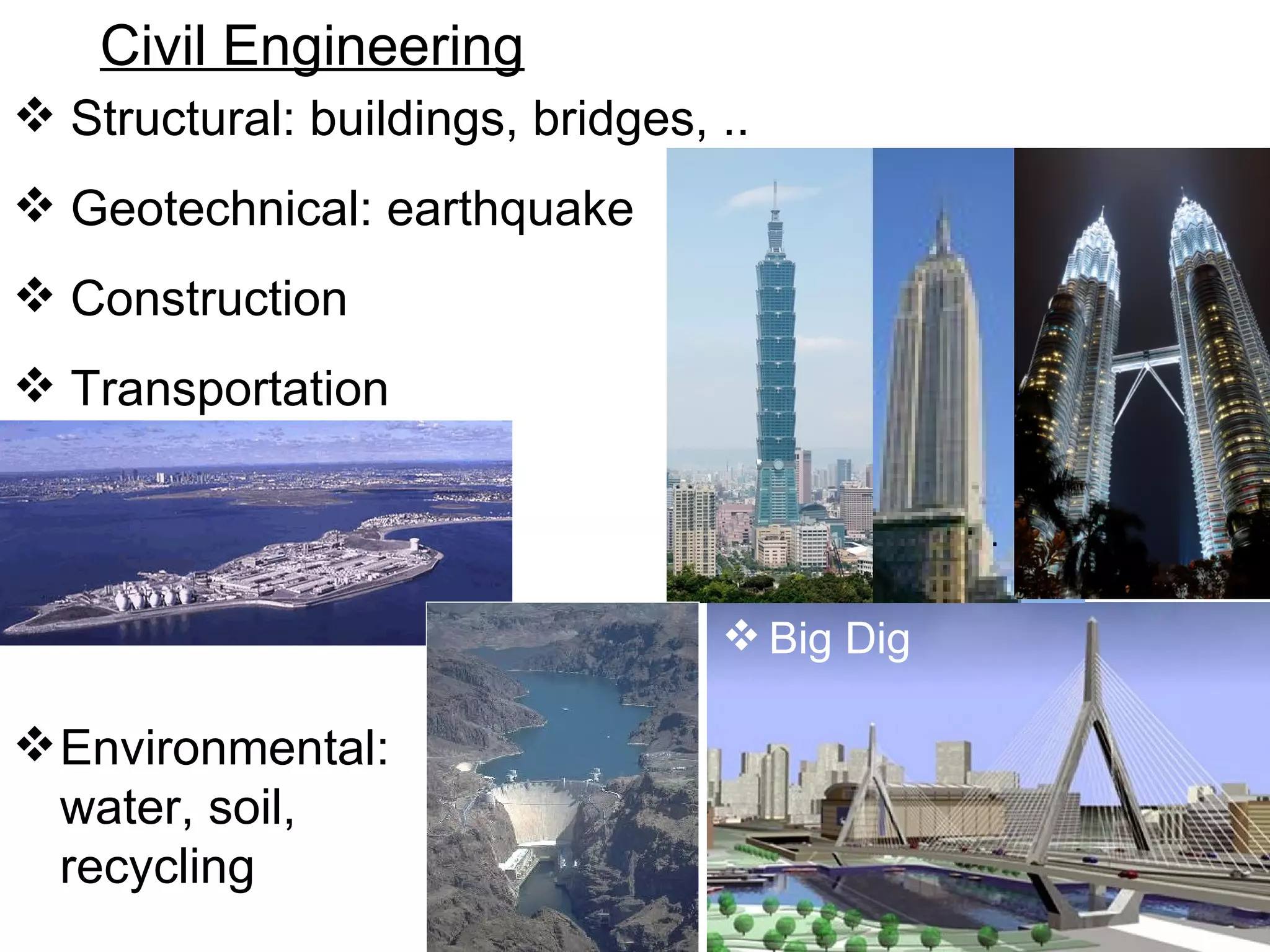 Structural: buildings, bridges, .. Geotechnical: earthquake Construction Transportation Civil Engineering Big Dig Environmental: water, soil, recycling 