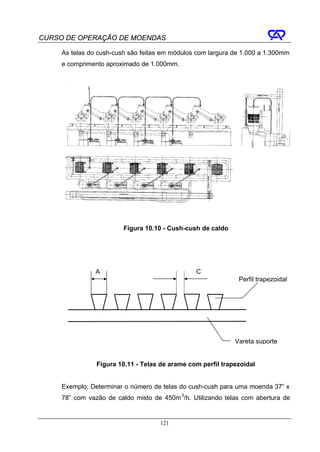 CURSO DE OPERAÇÃO DE MOENDAS

     As telas do cush-cush são feitas em módulos com largura de 1.000 a 1.300mm
     e comprimento aproximado de 1.000mm.




                         Figura 10.10 - Cush-cush de caldo




                A                               C
                                                              Perfil trapezoidal




                                                             Vareta suporte


                Figura 10.11 - Telas de arame com perfil trapezoidal


     Exemplo: Determinar o número de telas do cush-cush para uma moenda 37” x
     78” com vazão de caldo misto de 450m 3/h. Utilizando telas com abertura de


                                    121
 