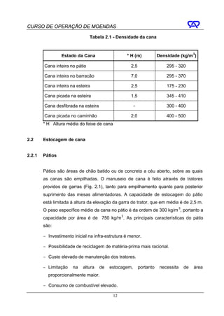 CURSO DE OPERAÇÃO DE MOENDAS

                                Tabela 2.1 - Densidade da cana



                 Estado da Cana                   * H (m)             Densidade (kg/m 3)

        Cana inteira no pátio                       2,5                   295 - 320

        Cana inteira no barracão                    7,0                   295 - 370

        Cana inteira na esteira                     2,5                   175 - 230

        Cana picada na esteira                      1,5                   345 - 410

        Cana desfibrada na esteira                     -                  300 - 400

        Cana picada no caminhão                     2,0                   400 - 500
        * H Altura média do feixe de cana


2.2     Estocagem de cana


2.2.1   Pátios


        Pátios são áreas de chão batido ou de concreto a céu aberto, sobre as quais
        as canas são empilhadas. O manuseio de cana é feito através de tratores
        providos de garras (Fig. 2.1), tanto para empilhamento quanto para posterior
        suprimento das mesas alimentadoras. A capacidade de estocagem do pátio
        está limitada à altura da elevação da garra do trator, que em média é de 2,5 m.
        O peso específico médio da cana no pátio é da ordem de 300 kg/m 3, portanto a
        capacidade por área é de 750 kg/m 2. As principais características do pátio
        são:

        − Investimento inicial na infra-estrutura é menor.

        − Possibilidade de reciclagem de matéria-prima mais racional.

        − Custo elevado de manutenção dos tratores.

        − Limitação    na   altura   de   estocagem,       portanto    necessita   de   área
          proporcionalmente maior.

        − Consumo de combustível elevado.

                                            12
 