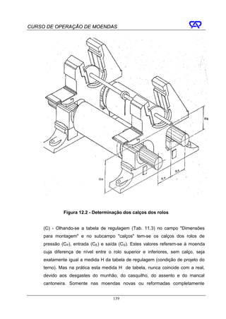 CURSO DE OPERAÇÃO DE MOENDAS




              Figura 12.2 - Determinação dos calços dos rolos


     (C) - Olhando-se a tabela de regulagem (Tab. 11.3) no campo "Dimensões
     para montagem" e no subcampo "calços" tem-se os calços dos rolos de
     pressão (CP), entrada (CE) e saída (CS). Estes valores referem-se à moenda
     cuja diferença de nível entre o rolo superior e inferiores, sem calço, seja
     exatamente igual a medida H da tabela de regulagem (condição de projeto do
     terno). Mas na prática esta medida H de tabela, nunca coincide com a real,
     devido aos desgastes do munhão, do casquilho, do assento e do mancal
     cantoneira. Somente nas moendas novas ou reformadas completamente


                                     139
 