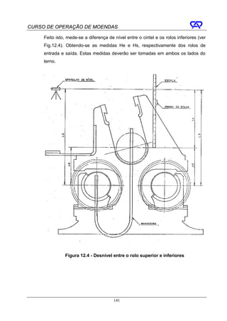 CURSO DE OPERAÇÃO DE MOENDAS

     Feito isto, mede-se a diferença de nível entre o cintel e os rolos inferiores (ver
     Fig.12.4). Obtendo-se as medidas He e Hs, respectivamente dos rolos de
     entrada e saída. Estas medidas deverão ser tomadas em ambos os lados do
     terno.




               Figura 12.4 - Desnível entre o rolo superior e inferiores




                                        141
 