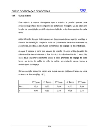 CURSO DE OPERAÇÃO DE MOENDAS

13.6   Curva de Brix


       Este método é menos abrangente que o anterior e permite apenas uma
       avaliação superficial do desempenho do sistema de moagem. Ela se altera em
       função da quantidade e eficiência da embebição e do desempenho de cada
       terno.


       A identificação de uma distorção em um determinado terno, quando se utiliza o
       sistema de embebição composta pode ser proveniente de ternos anteriores ou
       posteriores, devido aos dois fluxos contrários; o de bagaço e o de embebição.

       A curva é traçada a partir dos valores da relação (r) entre o Brix do caldo do
       rolo de saída de cada terno e o Brix do caldo do rolo de saída do 1º terno. No
       caso, deve-se preferencialmente utilizar o caldo prensado do bagaço de cada
       terno, ao invés do caldo do rolo de saída, aproveitando dessa forma a
       amostragem do bagaço.


       Como exemplo, podemos traçar uma curva para os caldos extraídos de uma
       moenda de 5 ternos (Fig. 13.3)



                       1º Terno    2º Terno      3º Terno     4º Terno     5º Terno

       Brix             16,0            9,60       6,40         4,00         2,40

       r                1,00            0,60       0,40         0,25         0,15




                                          156
 