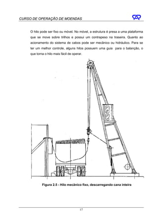CURSO DE OPERAÇÃO DE MOENDAS


     O hilo pode ser fixo ou móvel. No móvel, a estrutura é presa a uma plataforma
     que se move sobre trilhos e possui um contrapeso na traseira. Quanto ao
     acionamento do sistema de cabos pode ser mecânico ou hidráulico. Para se
     ter um melhor controle, alguns hilos possuem uma guia para o balanção, o
     que torna o hilo mais fácil de operar.




             Figura 2.5 - Hilo mecânico fixo, descarregando cana inteira




                                         17
 