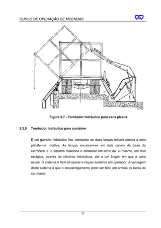 CURSO DE OPERAÇÃO DE MOENDAS




                      Figura 2.7 - Tombador hidráulico para cana picada


2.3.5   Tombador hidráulico para container


        É um guincho hidráulico fixo, composto de duas lanças móveis presas a uma
        plataforma rotativa. As lanças encaixam-se em dois canais da base da
        carroceria e ,o sistema rotaciona o container em torno de si mesmo, em dois
        estágios, através de cilindros hidráulicos, até a um ângulo em que a cana
        escoe. O sistema é fácil de operar e requer somente um operador. A vantagem
        deste sistema é que o descarregamento pode ser feito em ambos os lados da
        carroceria.




                                          20
 