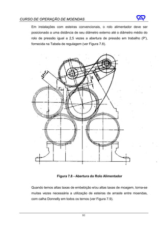 CURSO DE OPERAÇÃO DE MOENDAS

     Em instalações com esteiras convencionais, o rolo alimentador deve ser
     posicionado a uma distância de seu diâmetro externo até o diâmetro médio do
     rolo de pressão igual a 2,5 vezes a abertura de pressão em trabalho (P'),
     fornecida na Tabela de regulagem (ver Figura 7.8).




                      Figura 7.8 - Abertura do Rolo Alimentador


     Quando temos altas taxas de embebição e/ou altas taxas de moagem, torna-se
     muitas vezes necessária a utilização de esteiras de arraste entre moendas,
     com calha Donnelly em todos os ternos (ver Figura 7.9).



                                       81
 