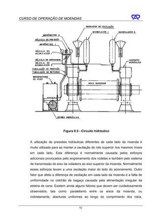 CURSO DE OPERAÇÃO DE MOENDAS




                           Figura 8.5 - Circuito hidráulico


     A utilização de pressões hidráulicas diferentes de cada lado da moenda é
     muito utilizada para se manter a oscilação do rolo superior nos mesmos níveis
     em cada lado. Esta diferença é normalmente causada pelos esforços
     adicionais provocados pelo engrenamento dos rodetes e também pelo sistema
     de transmissão do eixo da voladeira ao eixo superior da moenda. Normalmente
     esses esforços levam a uma oscilação maior do lado do acionamento. Outro
     fator que afeta a diferença de oscilação em cada lado da moenda é a falta de
     uniformidade no colchão de bagaço causada pela alimentação irregular da
     esteira de cana. Existem ainda alguns fatores que devem ser cuidadosamente
     observados, tais como: paralelismo entre os eixos da moenda, ou
     indiretamente, aberturas uniformes ao longo do comprimento dos rolos,


                                      92
 
