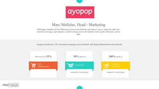 P a g e 15
Marc Mallolas, Head - Marketing
MoEngage integrates all our Marketing needs on one platform and makes it easy to target the right user,
customize messages, and integrate a unified strategy across all channels (email, push notification, and in-
app).
Cart
Abandonment
Cross Sell
Product
Reminders
Decreased by 55% 50% uplift in 200% uplift in
compared to control group compared to control group
Ayopop currently has 150+ automated campaigns across channels with Sherpa Optimization and witnessed:
 