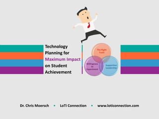 Technology
Planning for
Maximum Impact
on Student
Achievement
The Right
Tools
Supportive
Leadership
Willingness
to
Experiment
Dr. Chris Moersch • LoTi Connection • www.loticonnection.com
 