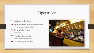 Operations
Made to order food
Estimate how much is needed to
avoid excess inventory
Back of the house
- One chef
Front of the house
- Line, generally 4 employees
One manager on duty
 