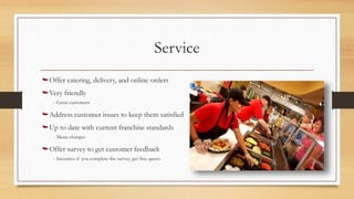 Service
Offer catering, delivery, and online orders
Very friendly
- Greet customers
Address customer issues to keep them satisfied
Up to date with current franchise standards
- Menu changes
Offer survey to get customer feedback
- Incentive if you complete the survey, get free queso
 