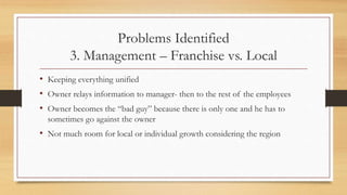 Problems Identified
3. Management – Franchise vs. Local
• Keeping everything unified
• Owner relays information to manager- then to the rest of the employees
• Owner becomes the “bad guy” because there is only one and he has to
sometimes go against the owner
• Not much room for local or individual growth considering the region
 