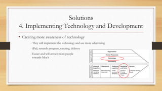 Solutions
4. Implementing Technology and Development
• Creating more awareness of technology
- They will implement the technology and use more advertising
- iPad, rewards program, catering, delivery
- Easier and will attract more people
towards Moe’s
 