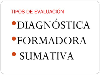 TIPOS DE EVALUACIÓN DIAGNÓSTICA FORMADORA  SUMATIVA 