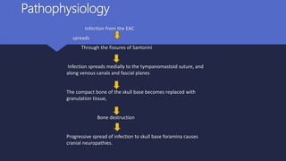 Pathophysiology
Infection from the EAC
spreads
Through the fissures of Santorini
Infection spreads medially to the tympanomastoid suture, and
along venous canals and fascial planes
The compact bone of the skull base becomes replaced with
granulation tissue,
Bone destruction
Progressive spread of infection to skull base foramina causes
cranial neuropathies.
 