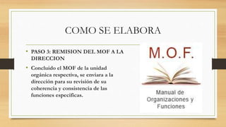 COMO SE ELABORA
• PASO 3: REMISION DEL MOF A LA
DIRECCION
• Concluido el MOF de la unidad
orgánica respectiva, se enviara a la
dirección para su revisión de su
coherencia y consistencia de las
funciones especificas.
 