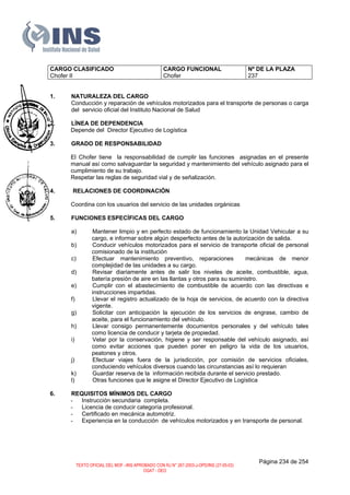 CARGO CLASIFICADO
Chofer II
CARGO FUNCIONAL
Chofer
Nº DE LA PLAZA
237
1. NATURALEZA DEL CARGO
Conducción y reparación de vehículos motorizados para el transporte de personas o carga
del servicio oficial del Instituto Nacional de Salud
2. LÍNEA DE DEPENDENCIA
Depende del Director Ejecutivo de Logística
3. GRADO DE RESPONSABILIDAD
El Chofer tiene la responsabilidad de cumplir las funciones asignadas en el presente
manual así como salvaguardar la seguridad y mantenimiento del vehículo asignado para el
cumplimiento de su trabajo.
Respetar las reglas de seguridad vial y de señalización.
4. RELACIONES DE COORDINACIÓN
Coordina con los usuarios del servicio de las unidades orgánicas
5. FUNCIONES ESPECÍFICAS DEL CARGO
a) Mantener limpio y en perfecto estado de funcionamiento la Unidad Vehicular a su
cargo, e informar sobre algún desperfecto antes de la autorización de salida.
b) Conducir vehículos motorizados para el servicio de transporte oficial de personal
comisionado de la institución
c) Efectuar mantenimiento preventivo, reparaciones mecánicas de menor
complejidad de las unidades a su cargo.
d) Revisar diariamente antes de salir los niveles de aceite, combustible, agua,
batería presión de aire en las llantas y otros para su suministro.
e) Cumplir con el abastecimiento de combustible de acuerdo con las directivas e
instrucciones impartidas.
f) Llevar el registro actualizado de la hoja de servicios, de acuerdo con la directiva
vigente.
g) Solicitar con anticipación la ejecución de los servicios de engrase, cambio de
aceite, para el funcionamiento del vehículo.
h) Llevar consigo permanentemente documentos personales y del vehículo tales
como licencia de conducir y tarjeta de propiedad.
i) Velar por la conservación, higiene y ser responsable del vehículo asignado, así
como evitar acciones que pueden poner en peligro la vida de los usuarios,
peatones y otros.
j) Efectuar viajes fuera de la jurisdicción, por comisión de servicios oficiales,
conduciendo vehículos diversos cuando las circunstancias así lo requieran
k) Guardar reserva de la información recibida durante el servicio prestado.
l) Otras funciones que le asigne el Director Ejecutivo de Logística
6. REQUISITOS MÍNIMOS DEL CARGO
- Instrucción secundaria completa.
- Licencia de conducir categoría profesional.
- Certificado en mecánica automotriz.
- Experiencia en la conducción de vehículos motorizados y en transporte de personal.
Página 234 de 254
TEXTO OFICIAL DEL MOF –INS APROBADO CON RJ N° 267-2003-J-OPD/INS (27-05-03)
OGAT - OEO
 