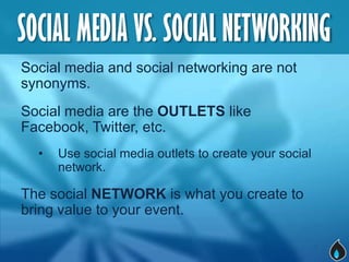 SOCIAL MEDIA VS. SOCIAL NETWORKING
Social media and social networking are not
synonyms.
Social media are the OUTLETS like
...