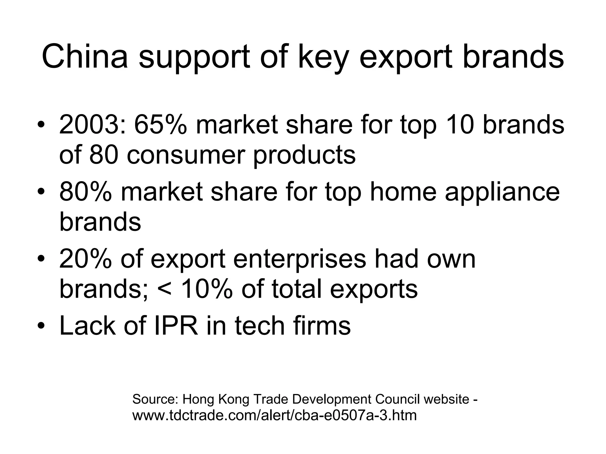 China support of key export brands 2003: 65% market share for top 10 brands of 80 consumer products 80% market share for top home appliance brands 20% of export enterprises had own brands; < 10% of total exports Lack of IPR in tech firms Source: Hong Kong Trade Development Council website -  www.tdctrade.com/alert/cba-e0507a-3.htm 