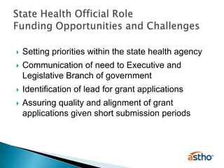 Setting priorities within the state health agencyCommunication of need to Executive and Legislative Branch of governmentIdentification of lead for grant applicationsAssuring quality and alignment of grant applications given short submission periodsState Health Official Role Funding Opportunities and Challenges