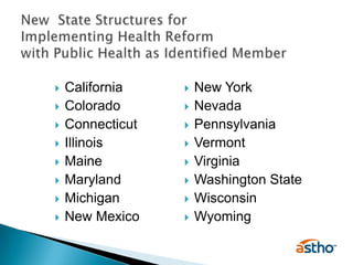 New  State Structures for Implementing Health Reform with Public Health as Identified MemberCaliforniaColoradoConnecticutIllinoisMaineMarylandMichiganNew MexicoNew YorkNevadaPennsylvaniaVermontVirginiaWashington StateWisconsinWyoming