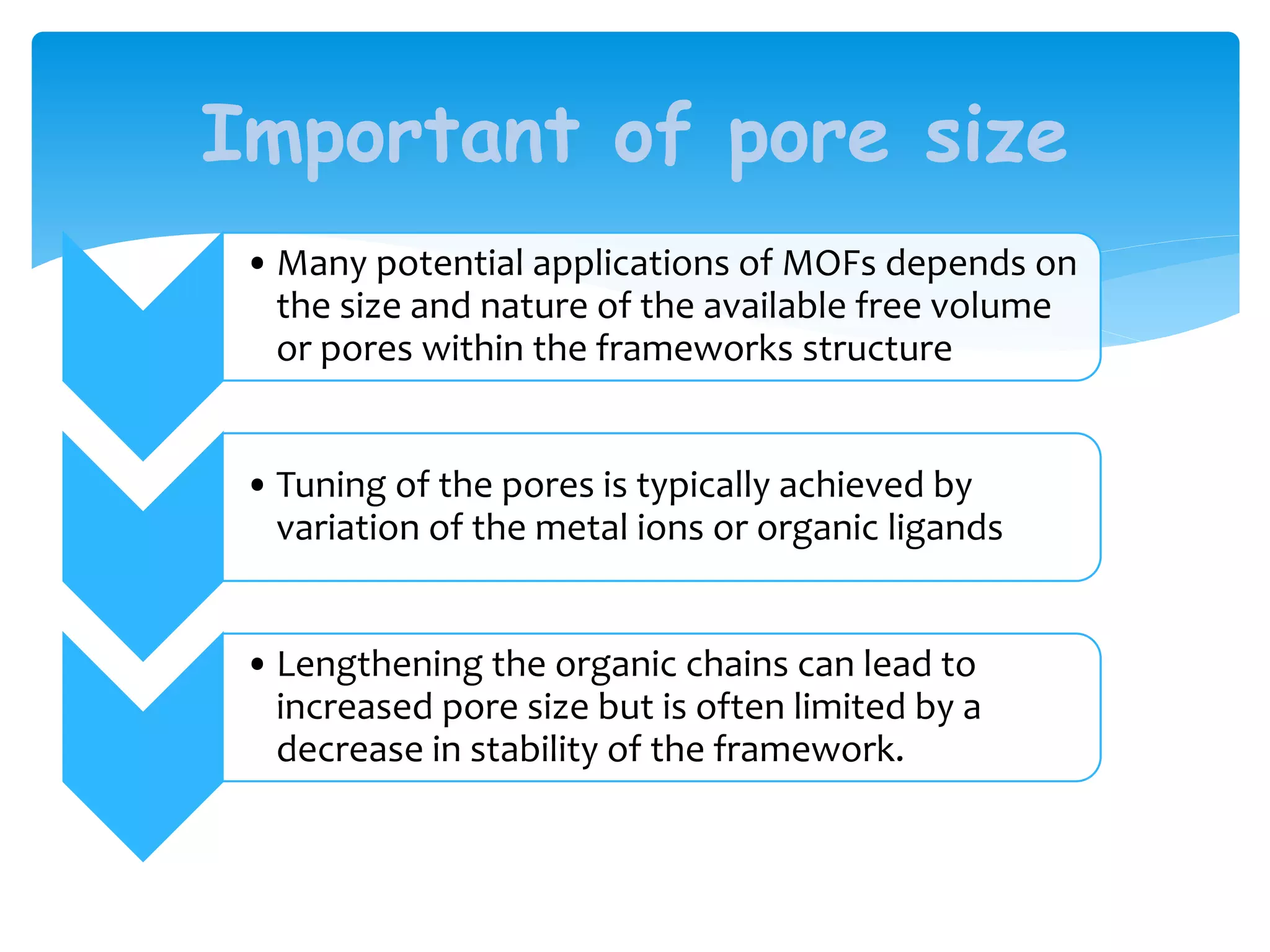 • Many potential applications of MOFs depends on
the size and nature of the available free volume
or pores within the frameworks structure
• Tuning of the pores is typically achieved by
variation of the metal ions or organic ligands
• Lengthening the organic chains can lead to
increased pore size but is often limited by a
decrease in stability of the framework.
Important of pore size
 