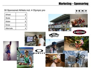 Marketing – Sponsoring   30 Sponsored Athlets incl. 4 Olympic pro Wheel 8 Skate 4 Water  8 Snow 6 Alternate 4 