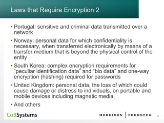 22 
Laws that Require Encryption 2 
•Portugal: sensitive and criminal data transmitted over a network 
•Norway: personal data for which confidentiality is necessary, when transferred electronically by means of a transfer medium that is beyond the physical control of the entity 
•South Korea: complex encryption requirements for “peculiar identification data” and “bio data” and one-way encryption (hashing) required for passwords 
•United Kingdom: personal data, the loss of which could cause damage or distress to individuals, on portable and mobile devices including magnetic media 
•And others  