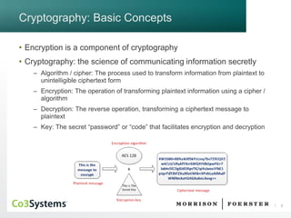 5 
Cryptography: Basic Concepts 
•Encryption is a component of cryptography 
•Cryptography: the science of communicating information secretly 
–Algorithm / cipher: The process used to transform information from plaintext to unintelligible ciphertextform 
–Encryption: The operation of transforming plaintext information using a cipher / algorithm 
–Decryption: The reverse operation, transforming a ciphertextmessage to plaintext 
–Key: The secret “password” or “code” that facilitates encryption and decryption  