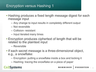8 
Encryption versus Hashing 1 
•Hashing produces a fixed length message digest for each message input 
–Any change to input results in completely different output 
–Not reversible 
–Collision-resistant 
–Input iterated many times 
•Encryption produces ciphertextof length that will be related to the plaintext input 
–Reversible 
•If each secret message is a three-dimensional object, e.g., a snowflake: 
–Encryption: putting a snowflake inside a box and locking it 
–Hashing: tracing the snowflake on a piece of paper  