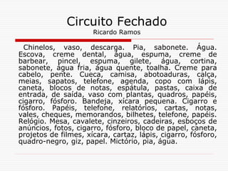 Circuito Fechado
Ricardo Ramos
Chinelos, vaso, descarga. Pia, sabonete. Água.
Escova, creme dental, água, espuma, creme de
barbear, pincel, espuma, gilete, água, cortina,
sabonete, água fria, água quente, toalha. Creme para
cabelo, pente. Cueca, camisa, abotoaduras, calça,
meias, sapatos, telefone, agenda, copo com lápis,
caneta, blocos de notas, espátula, pastas, caixa de
entrada, de saída, vaso com plantas, quadros, papéis,
cigarro, fósforo. Bandeja, xícara pequena. Cigarro e
fósforo. Papéis, telefone, relatórios, cartas, notas,
vales, cheques, memorandos, bilhetes, telefone, papéis.
Relógio. Mesa, cavalete, cinzeiros, cadeiras, esboços de
anúncios, fotos, cigarro, fósforo, bloco de papel, caneta,
projetos de filmes, xícara, cartaz, lápis, cigarro, fósforo,
quadro-negro, giz, papel. Mictório, pia, água.
 