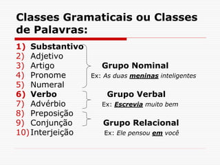 Classes Gramaticais ou Classes
de Palavras:
1) Substantivo
2) Adjetivo
3) Artigo Grupo Nominal
4) Pronome Ex: As duas meninas inteligentes
5) Numeral
6) Verbo Grupo Verbal
7) Advérbio Ex: Escrevia muito bem
8) Preposição
9) Conjunção Grupo Relacional
10)Interjeição Ex: Ele pensou em você
 
