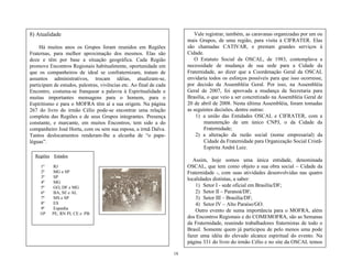 18
Vale registrar, também, as caravanas organizadas por um ou
mais Grupos, de uma região, para visita à CIFRATER. Elas
são chamadas CATIVAR, e prestam grandes serviços à
Cidade.
O Estatuto Social da OSCAL, de 1983, contemplava a
necessidade de mudança de sua sede para a Cidade da
Fraternidade, ao dizer que a Coordenação Geral da OSCAL
envidaria todos os esforços possíveis para que isso ocorresse,
por decisão da Assembléia Geral. Por isso, na Assembléia
Geral de 2007, foi aprovada a mudança da Secretaria para
Brasília, o que veio a ser concretizado na Assembléia Geral de
20 de abril de 2008. Nesta última Assembléia, foram tomadas
as seguintes decisões, dentre outras:
1) a união das Entidades OSCAL e CIFRATER, com a
manutenção de um único CNPJ, o da Cidade da
Fraternidade;
2) a alteração da razão social (nome empresarial) da
Cidade da Fraternidade para Organização Social Cristã-
Espírita André Luiz.
Assim, hoje somos uma única entidade, denominada
OSCAL, que tem como objeto a sua obra social – Cidade da
Fraternidade -, com suas atividades desenvolvidas nas quatro
localidades distintas, a saber:
1) Setor I - sede oficial em Brasília/DF;
2) Setor II – Paranoá/DF;
3) Setor III – Brasília/DF;
4) Setor IV – Alto Paraíso/GO.
Outro evento de suma importância para o MOFRA, além
dos Encontros Regionais e do COMEMOFRA, são as Semanas
da Fraternidade, reunindo trabalhadores fraternistas de todo o
Brasil. Somente quem já participou de pelo menos uma pode
fazer uma idéia do elevado alcance espiritual do evento. Na
página 331 do livro do irmão Célio e no site da OSCAL temos
uma relação com todas elas. Destaque para a:
8) Atualidade
Há muitos anos os Grupos foram reunidos em Regiões
Fraternas, para melhor aproximação dos mesmos. Elas são
doze e têm por base a situação geográfica. Cada Região
promove Encontros Regionais habitualmente, oportunidade em
que os companheiros de ideal se confraternizam, tratam de
assuntos administrativos, trocam idéias, atualizam-se,
participam de estudos, palestras, vivências etc. Ao final de cada
Encontro, costuma-se franquear a palavra à Espiritualidade e
muitas importantes mensagens para o homem, para o
Espiritismo e para o MOFRA têm aí a sua origem. Na página
267 do livro do irmão Célio pode-se encontrar uma relação
completa das Regiões e de seus Grupos integrantes. Presença
constante, e marcante, em muitos Encontros, tem sido a do
companheiro José Horta, com ou sem sua esposa, a irmã Dalva.
Tantos deslocamentos renderam-lhe a alcunha de ―o papa-
léguas‖.
Regiões Estados
1ª RJ
2ª MG e SP
3ª SP
4ª MG
5ª GO, DF e MG
6ª BA, SE e AL
7ª MS e SP
8ª ES
9ª Espanha
10ª PE, RN PI, CE e PB
 