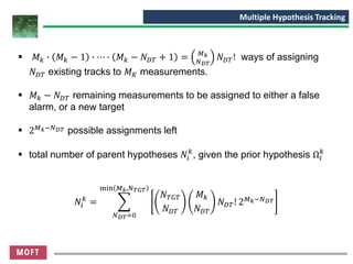 ▪ 𝑀 𝑘 ∙ 𝑀 𝑘 − 1 ∙ ⋯ ∙ 𝑀 𝑘 − 𝑁 𝐷𝑇 + 1 = 𝑀 𝑘
𝑁 𝐷𝑇
𝑁 𝐷𝑇! ways of assigning
𝑁 𝐷𝑇 existing tracks to 𝑀 𝐾 measurements.
▪ 𝑀 𝑘 − 𝑁 𝐷𝑇 remaining measurements to be assigned to either a false
alarm, or a new target
▪ 2 𝑀 𝑘−𝑁 𝐷𝑇 possible assignments left
▪ total number of parent hypotheses 𝑁𝑖
𝑘
, given the prior hypothesis Ω𝑖
𝑘
𝑁𝑖
𝑘
= ෍
𝑁 𝐷𝑇=0
min 𝑀 𝑘,𝑁 𝑇𝐺𝑇
𝑁 𝑇𝐺𝑇
𝑁 𝐷𝑇
𝑀 𝑘
𝑁 𝐷𝑇
𝑁 𝐷𝑇! 2 𝑀 𝑘−𝑁 𝐷𝑇
Multiple Hypothesis Tracking
 