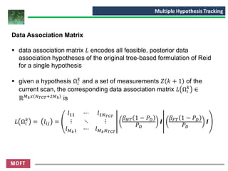 Data Association Matrix
▪ data association matrix 𝐿 encodes all feasible, posterior data
association hypotheses of the original tree-based formulation of Reid
for a single hypothesis
▪ given a hypothesis Ω𝑖
𝑘
and a set of measurements 𝑍 𝑘 + 1 of the
current scan, the corresponding data association matrix 𝐿 Ω𝑖
𝑘
∈
ℝ 𝑀 𝑘 𝑥 𝑁 𝑇𝐺𝑇+2𝑀 𝑘 is
𝐿 Ω𝑖
𝑘
= 𝑙𝑖𝑗 =
𝑙11 ⋯ 𝑙1𝑁 𝑇𝐺𝑇
⋮ ⋱ ⋮
𝑙 𝑀 𝑘1 ⋯ 𝑙 𝑀 𝑘 𝑁 𝑇𝐺𝑇
𝛽 𝑁𝑇 1 − 𝑃 𝐷
𝑃 𝐷
𝑰
𝛽 𝐹𝑇 1 − 𝑃 𝐷
𝑃 𝐷
𝑰
Multiple Hypothesis Tracking
 