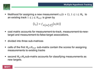 ▪ likelihood for assigning a new measurement 𝑧𝑖 𝑘 + 1 , 1 ≤ i ≤ 𝑀 𝑘 to
an existing track 1 ≤ j ≤ 𝑁 𝑇𝐺𝑇 is given by
𝑙𝑖𝑗 = 𝑓 𝒩 𝐻x 𝑗
𝑘
,S 𝑗
𝑘 𝑧𝑖 𝑘
▪ cost matrix accounts for measurement-to-track, measurement-to-new-
target and measurement-to-false-target associations,
▪ divided into three sub-matrices
▪ cells of the first 𝑀 𝑘 𝑥𝑁 𝑇𝐺𝑇 sub-matrix contain the scores for assigning
measurements to existing tracks
▪ second 𝑀 𝑘 𝑥𝑀 𝑘sub-matrix accounts for classifying measurements as
new targets.
Multiple Hypothesis Tracking
 