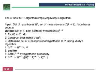 The 𝑛 -best MHT algorithm employing Murty’s algorithm.
Input: Set of hypotheses Ω 𝑘, set of measurements 𝑍(𝑘 + 1), hypotheses
count 𝑛
Output: Set of 𝑛 -best posterior hypotheses Ω 𝑘+1
1: for Ω𝑖
𝑘
∈ Ω 𝑘
do
2: Construct cost matrix 𝐿∗(Ω𝑖
𝑘
)
3: Determine set of 𝑛-best posterior hypothesis of Ψ using Murty’s
algorithm.
4: Ω 𝑘+1
= Ω 𝑘+1
∪ Ψ
5: end for
6: Sort Ω 𝑘+1
by hypothesis probability
7: Ω 𝑘+1 = Ω 𝑘+1 Ω𝑖
𝑘+1
: 𝑃𝑖
𝑘+1
> 𝑃𝑛
𝑘+1
Multiple Hypothesis Tracking
 