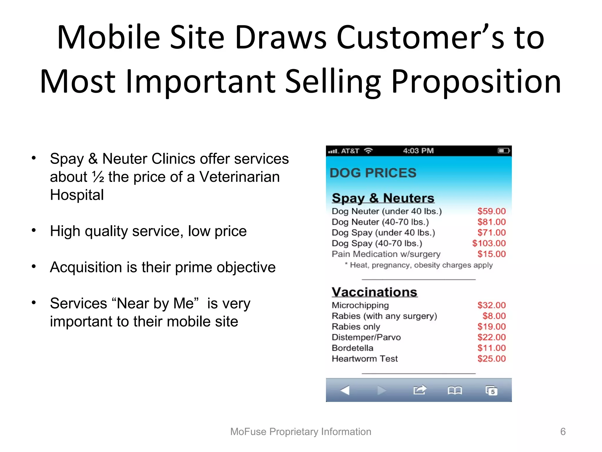 Mobile Site Draws Customer’s to
 Most Important Selling Proposition
• Spay & Neuter Clinics offer services
  about ½ the price of a Veterinarian
  Hospital

• High quality service, low price

• Acquisition is their prime objective

• Services “Near by Me” is very
  important to their mobile site




                              MoFuse Proprietary Information   6
 
