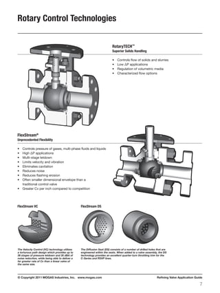 © Copyright 2011 MOGAS Industries, Inc. www.mogas.com Refining Valve Application Guide
7
Rotary Control Technologies
FlexStream VC FlexStream DS
RotaryTECH™
Superior Solids Handling
•	 Controls flow of solids and slurries
•	 Low ΔP applications
•	 Regulation of volumetric media
•	 Characterized flow options
FlexStream®
Unprecedented Flexibility
•	 Controls pressure of gases, multi-phase fluids and liquids
•	 High ΔP applications
•	 Multi-stage letdown
•	 Limits velocity and vibration
•	 Eliminates cavitation
•	 Reduces noise
•	 Reduces flashing erosion
•	 Often smaller dimensional envelope than a
traditional control valve
•	 Greater Cv per inch compared to competition
The Velocity Control (VC) technology utilizes
a torturous path design which provides up to
36 stages of pressure letdown and 35 dBA of
noise reduction, while being able to deliver a
far greater rate of Cv than a linear valve of
the same size.
The Diffusion Seat (DS) consists of a number of drilled holes that are
engineered within the seats. When added to a valve assembly, the DS
technology provides an excellent quarter-turn throttling trim for the
C-Series and RSVP lines.
 