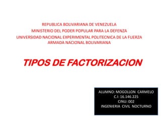 REPUBLICA BOLIVARIANA DE VENEZUELA
MINISTERIO DEL PODER POPULAR PARA LA DEFENZA
UNIVERSIDAD NACIONAL EXPERIMENTAL POLITECNICA DE LA FUERZA
ARMADA NACIONAL BOLIVARIANA

TIPOS DE FACTORIZACION
ALUMNO: MOGOLLON CARMELO
C.I: 16.146.225
CINU: 002
INGENIERIA CIVIL NOCTURNO

 