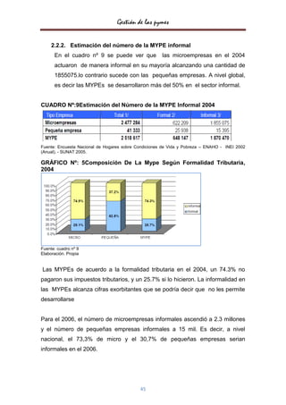 Gestión de las pymes


     2.2.2. Estimación del número de la MYPE informal
      En el cuadro nº 9 se puede ver que              las microempresas en el 2004
      actuaron de manera informal en su mayoría alcanzando una cantidad de
      1855075.lo contrario sucede con las pequeñas empresas. A nivel global,
      es decir las MYPEs se desarrollaron más del 50% en el sector informal.


CUADRO Nº:9Estimación del Número de la MYPE Informal 2004




Fuente: Encuesta Nacional de Hogares sobre Condiciones de Vida y Pobreza – ENAHO - INEI 2002
(Anual). - SUNAT 2005.

GRÁFICO Nº: 5Composición De La Mype Según Formalidad Tributaria,
2004




Fuente: cuadro nº 9
Elaboración. Propia


Las MYPEs de acuerdo a la formalidad tributaria en el 2004, un 74.3% no
pagaron sus impuestos tributarios, y un 25.7% si lo hicieron. La informalidad en
las MYPEs alcanza cifras exorbitantes que se podría decir que no les permite
desarrollarse


Para el 2006, el número de microempresas informales ascendió a 2.3 millones
y el número de pequeñas empresas informales a 15 mil. Es decir, a nivel
nacional, el 73,3% de micro y el 30,7% de pequeñas empresas serian
informales en el 2006.




                                            45
 