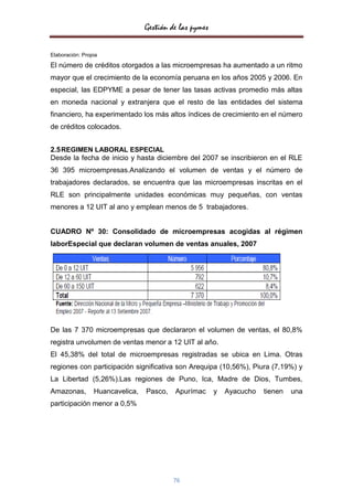 Gestión de las pymes

Elaboración: Propia

El número de créditos otorgados a las microempresas ha aumentado a un ritmo
mayor que el crecimiento de la economía peruana en los años 2005 y 2006. En
especial, las EDPYME a pesar de tener las tasas activas promedio más altas
en moneda nacional y extranjera que el resto de las entidades del sistema
financiero, ha experimentado los más altos índices de crecimiento en el número
de créditos colocados.


2.5 REGIMEN LABORAL ESPECIAL
Desde la fecha de inicio y hasta diciembre del 2007 se inscribieron en el RLE
36 395 microempresas.Analizando el volumen de ventas y el número de
trabajadores declarados, se encuentra que las microempresas inscritas en el
RLE son principalmente unidades económicas muy pequeñas, con ventas
menores a 12 UIT al ano y emplean menos de 5 trabajadores.


CUADRO Nº 30: Consolidado de microempresas acogidas al régimen
laborEspecial que declaran volumen de ventas anuales, 2007




De las 7 370 microempresas que declararon el volumen de ventas, el 80,8%
registra unvolumen de ventas menor a 12 UIT al año.
El 45,38% del total de microempresas registradas se ubica en Lima. Otras
regiones con participación significativa son Arequipa (10,56%), Piura (7,19%) y
La Libertad (5,26%).Las regiones de Puno, Ica, Madre de Dios, Tumbes,
Amazonas,        Huancavelica,   Pasco,   Apurímac      y   Ayacucho   tienen   una
participación menor a 0,5%




                                          76
 