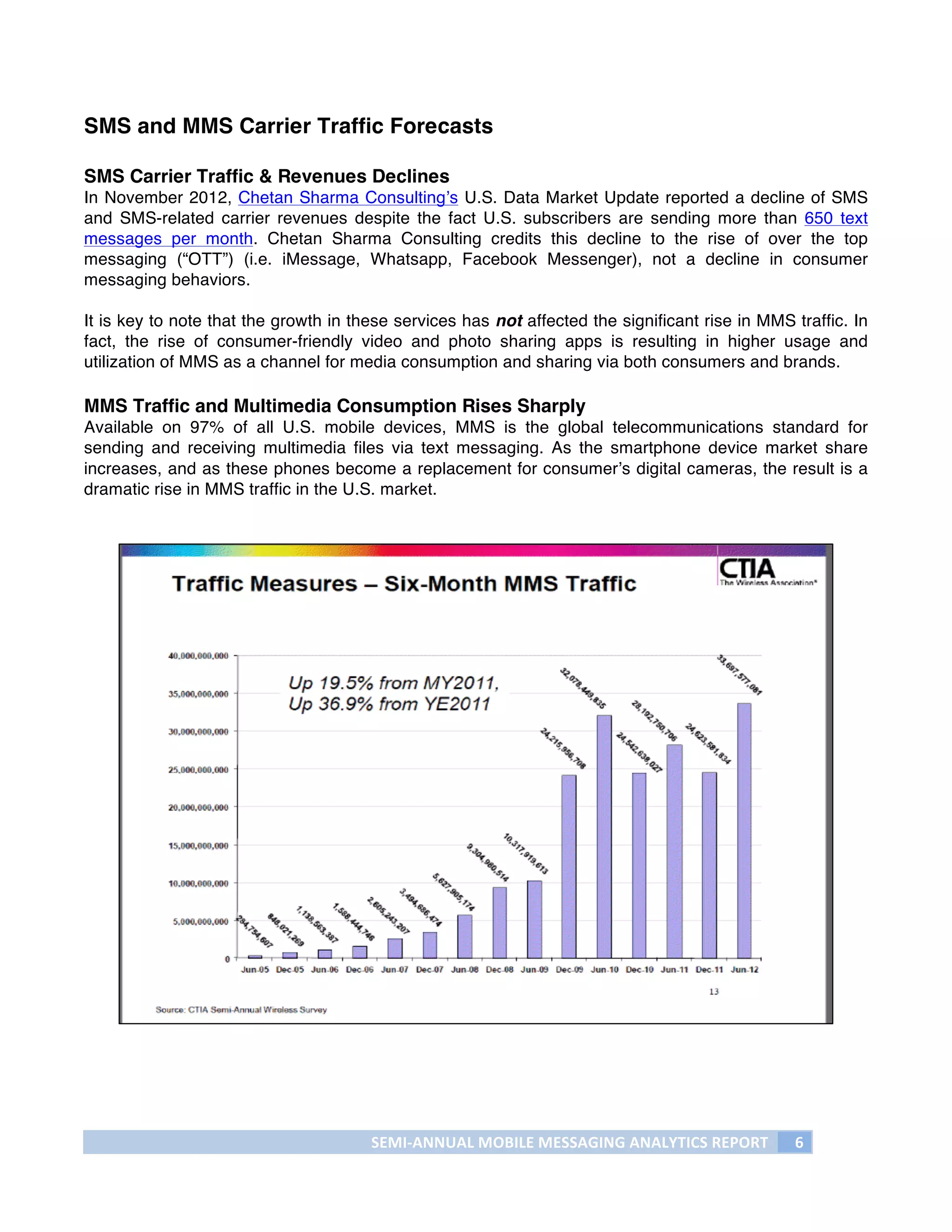 SMS and MMS Carrier Traffic Forecasts

SMS Carrier Traffic & Revenues Declines
In November 2012, Chetan Sharma Consulting’s U.S. Data Market Update reported a decline of SMS
and SMS-related carrier revenues despite the fact U.S. subscribers are sending more than 650 text
messages per month. Chetan Sharma Consulting credits this decline to the rise of over the top
messaging (“OTT”) (i.e. iMessage, Whatsapp, Facebook Messenger), not a decline in consumer
messaging behaviors.

It is key to note that the growth in these services has not affected the significant rise in MMS traffic. In
fact, the rise of consumer-friendly video and photo sharing apps is resulting in higher usage and
utilization of MMS as a channel for media consumption and sharing via both consumers and brands.

MMS Traffic and Multimedia Consumption Rises Sharply
Available on 97% of all U.S. mobile devices, MMS is the global telecommunications standard for
sending and receiving multimedia files via text messaging. As the smartphone device market share
increases, and as these phones become a replacement for consumer’s digital cameras, the result is a
dramatic rise in MMS traffic in the U.S. market.




                                       SEMI-­‐ANNUAL	
  MOBILE	
  MESSAGING	
  ANALYTICS	
  REPORT	
     6	
  
	
  
 