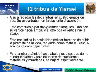  A su alrededor las doce tribus en cuatro grupos de
tres. Se encontraban en la siguiente disposición.
Está compuesto por dos grandes triángulos. Uno con
su vértice hacia arriba, y el otro con el vértice hacia
abajo.
Esto nos indica la posibilidad del ser humano de subir
la pirámide de la vida, teniendo como meta el Cielo, o
sea los valores espirituales.
 Pero la otra pirámide hacia abajo nos dice, que de no
querer elevarse y sólo ocuparse de cuestiones
materiales y mundanas, se bajará espiritualmente
Kehilah Melech HakavodMoreh Mario Canales
 