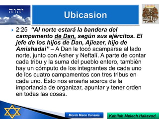  2:25 “Al norte estará la bandera del
campamento de Dan, según sus ejércitos. El
jefe de los hijos de Dan, Ajiezer, hijo de
Amishadai” – A Dan le tocó acamparse al lado
norte, junto con Asher y Neftalí. A parte de contar
cada tribu y la suma del pueblo entero, también
hay un cómputo de los integrantes de cada uno
de los cuatro campamentos con tres tribus en
cada uno. Esto nos enseña acerca de la
importancia de organizar, apuntar y tener orden
en todas las cosas.
Kehilah Melech HakavodMoreh Mario Canales
 