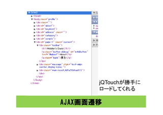 jQTouchが勝手に
       ロードしてくれる

AJAX画面遷移
 