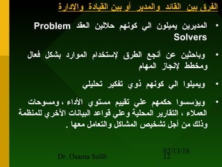 02/13/16
Dr. Osama Salih 12
‫والدارة‬ ‫القيادة‬ ‫بين‬ ‫أو‬ ‫والمدير‬ ‫القائد‬ ‫بين‬ ‫الفرق‬‫والدارة‬ ‫القيادة‬ ‫بين‬ ‫أو‬ ‫والمدير‬ ‫القائد‬ ‫بين‬ ‫الفرق‬
•‫العقد‬ ‫حللين‬ ‫كونهم‬ ‫الي‬ ‫يميلون‬ ‫المديرين‬Problem
Solvers
•‫فعال‬ ‫بشكل‬ ‫الموارد‬ ‫لستخدام‬ ‫الطرق‬ ‫أنجع‬ ‫عن‬ ‫وباحثين‬
‫المهام‬ ‫لنجاز‬ ‫ومخطط‬
•‫تحليلي‬ ‫تفكير‬ ‫ذوي‬ ‫كونهم‬ ‫الي‬ ‫ويميلوا‬
•‫ومسوحات‬ ، ‫الداء‬ ‫مستوي‬ ‫تقييم‬ ‫علي‬ ‫حكمهم‬ ‫ويؤسسوا‬
‫للمنظمة‬ ‫الخري‬ ‫البيانات‬ ‫قواعد‬ ‫وعلي‬ ‫المحلية‬ ‫التقارير‬ ، ‫العملء‬
. ‫معها‬ ‫والتعامل‬ ‫المشاكل‬ ‫تشخيص‬ ‫أجل‬ ‫من‬ ‫وذلك‬
 