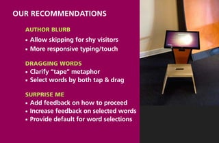 OUR Recommendations

  Author Blurb
  ¡¡ Allow skipping for shy visitors
  ¡¡ More responsive typing/touch


  Dragging Words
  ¡¡ Clarify“tape” metaphor
  ¡¡ Select words by both tap & drag


  Surprise Me
  ¡¡ Add  feedback on how to proceed
  ¡¡ Increase feedback on selected words
  ¡¡ Provide default for word selections
 