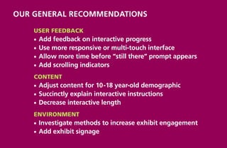 OUR General Recommendations

    User Feedback
    ¡¡ Add feedback on interactive progress
    ¡¡ Use more responsive or multi-touch interface
    ¡¡ Allow more time before “still there” prompt appears
    ¡¡ Add scrolling indicators

    Content
    ¡¡ Adjust content for 10-18 year-old demographic
    ¡¡ Succinctly explain interactive instructions
    ¡¡ Decrease interactive length

    Environment
    ¡¡ Investigatemethods to increase exhibit engagement
    ¡¡ Add exhibit signage
 
