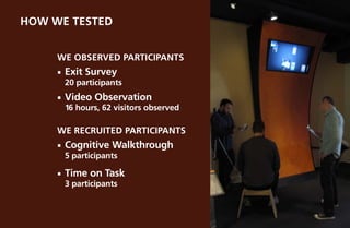 How we Tested


     WE Observed Participants
     ¡¡ Exit   Survey
       20 participants
     ¡¡ Video   Observation
       16 hours, 62 visitors observed

     we Recruited Participants
     ¡¡ Cognitive   Walkthrough
       5 participants

     ¡¡ Time   on Task
       3 participants
 
